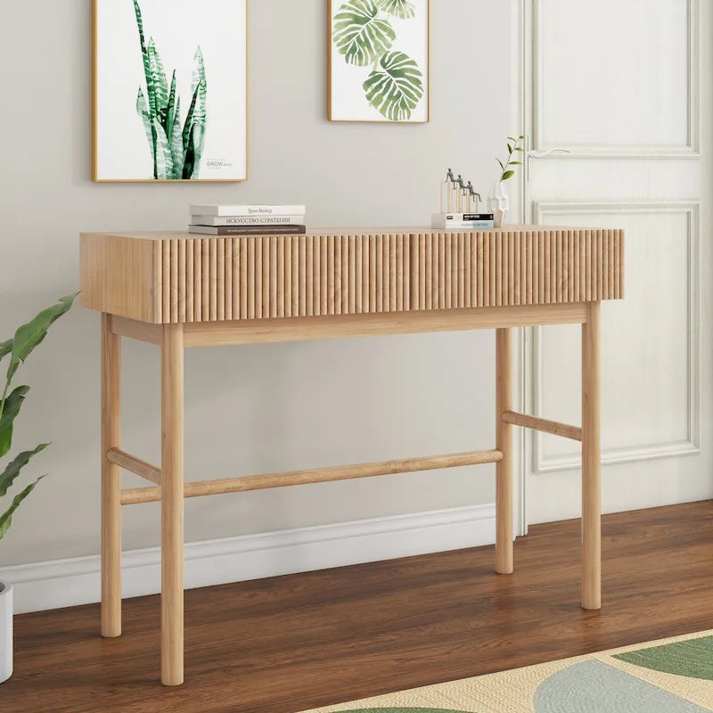 Solid Wood Console Table with 2 Drawers - Natural Brown