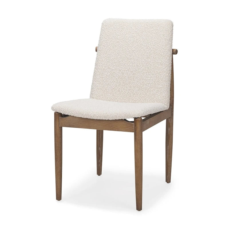 Cream Boucle Upholstered Dining Chair with Dark Brown Wood Frame