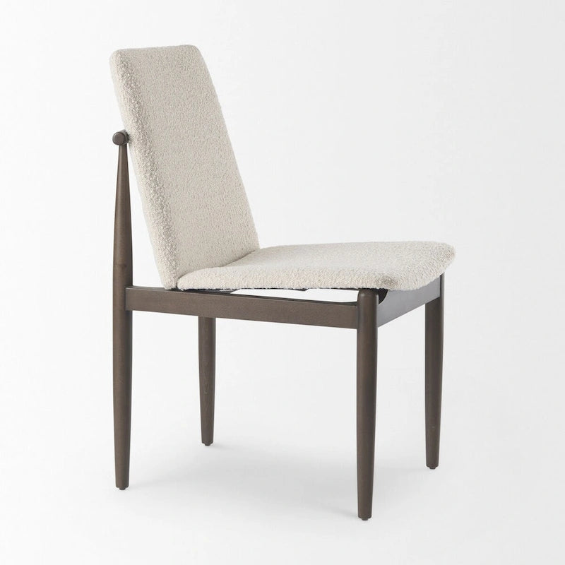 Cream Boucle Upholstered Dining Chair with Dark Brown Wood Frame