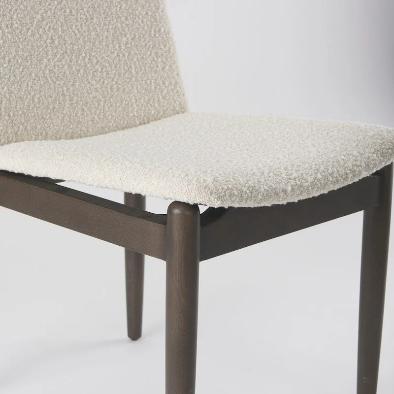 Cream Boucle Upholstered Dining Chair with Dark Brown Wood Frame
