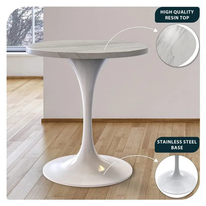 LeisureMod Verve Round Dining Table with White Resin TableTop and White Steel Base for Kitchen & Dining Room