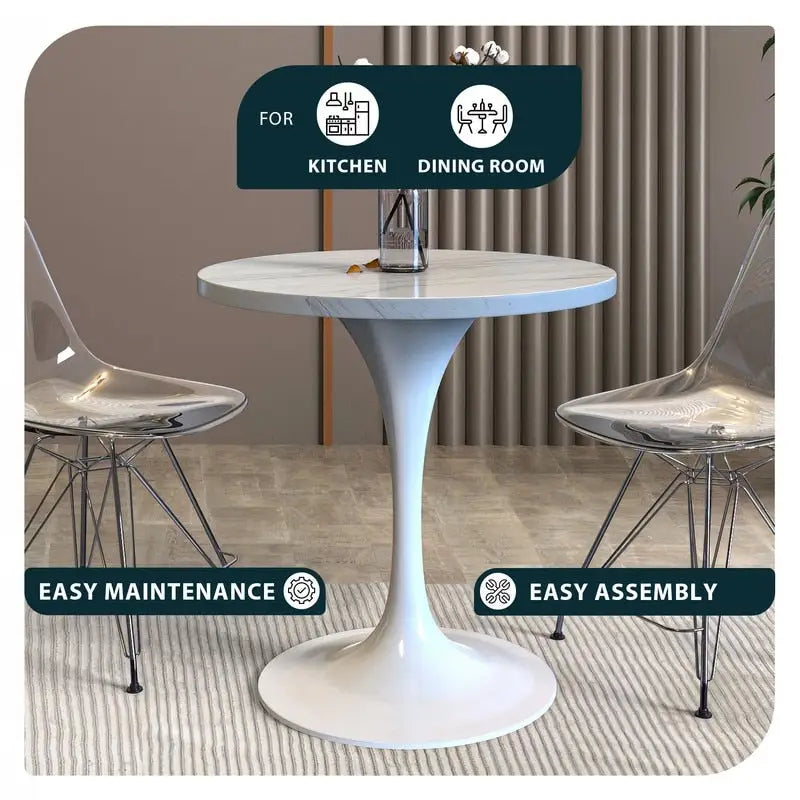 LeisureMod Verve Round Dining Table with White Resin TableTop and White Steel Base for Kitchen & Dining Room