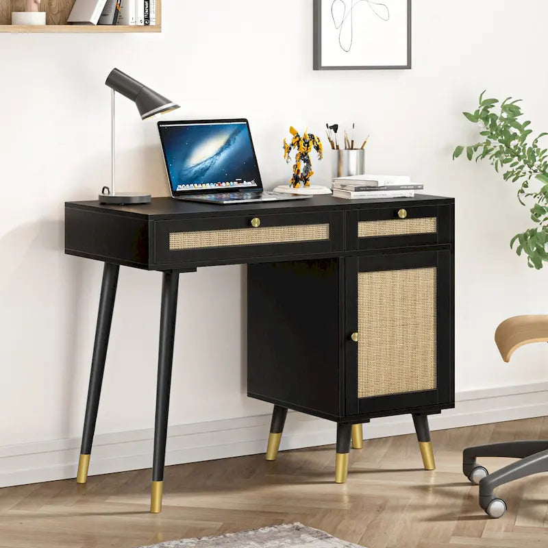 Modern Computer Desk with Drawers Wood Rattan Home Office Desk Writing Desk with File Cabinet