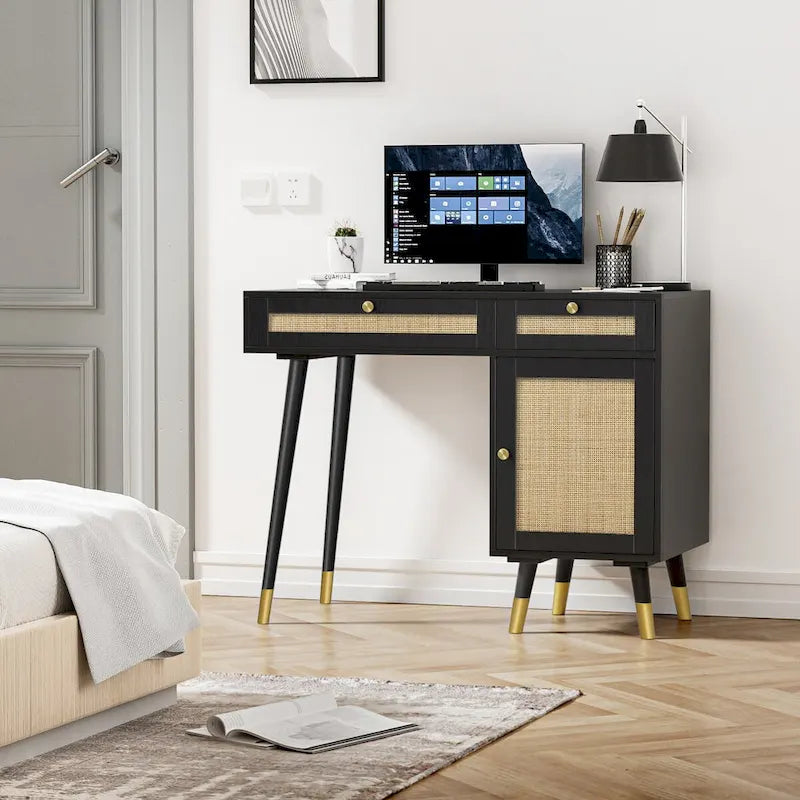 Black Computer Desk with Rattan Drawers and Gold Handles