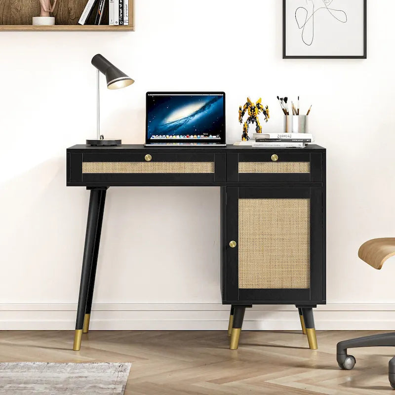 Black Computer Desk with Rattan Drawers and Gold Handles