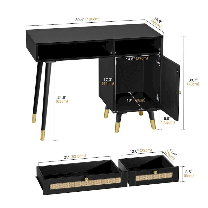 Black Computer Desk with Rattan Drawers and Gold Handles