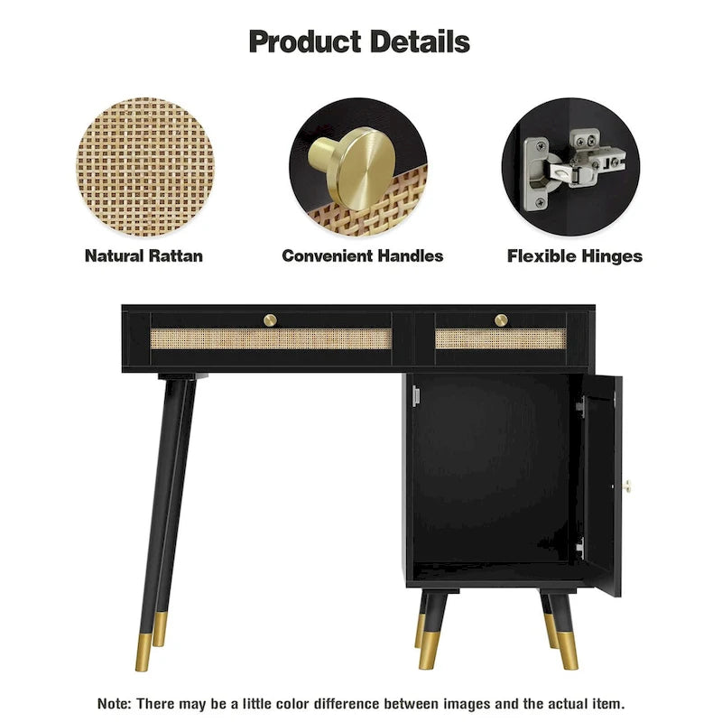 Black Computer Desk with Rattan Drawers and Gold Handles