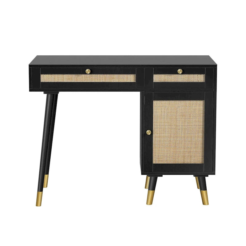 Black Computer Desk with Rattan Drawers and Gold Handles