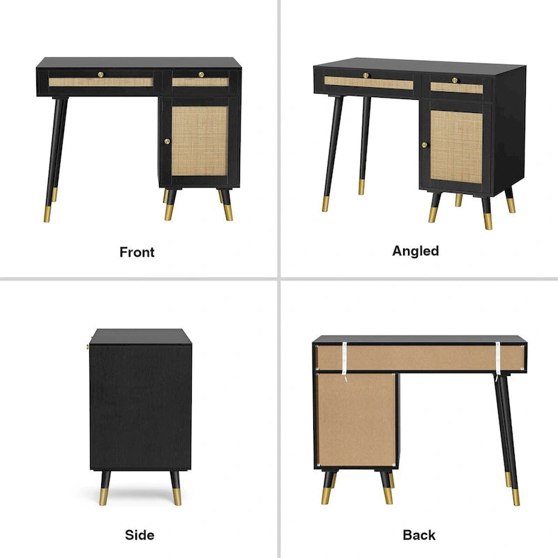 Black Computer Desk with Rattan Drawers and Gold Handles