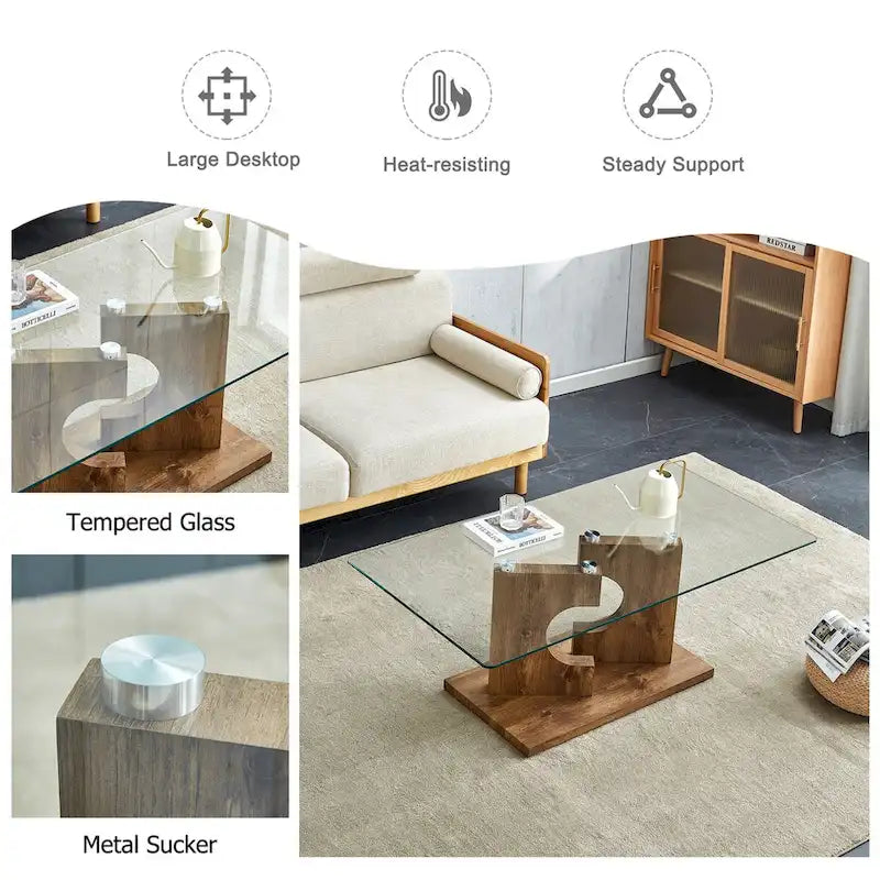 A rectangular modern coffee table with tempered glass tabletop and wooden color MDF legs. Suitable for living room.
