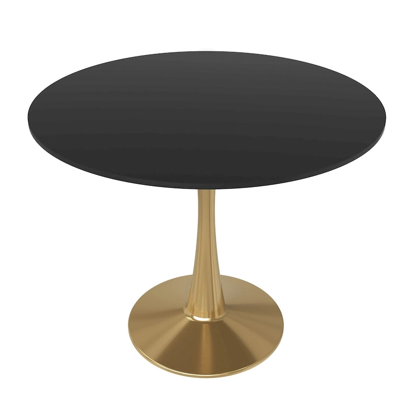LeisureMod Bristol 31 Round Dining Table for 4 with MDF Wood Tabletop in Gold Steel Base for Kitchen & Dining Room