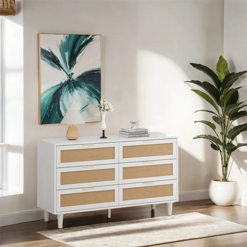 51.18 6-Drawers Rattan Storage Cabinet Rattan Drawer,for Bedroom