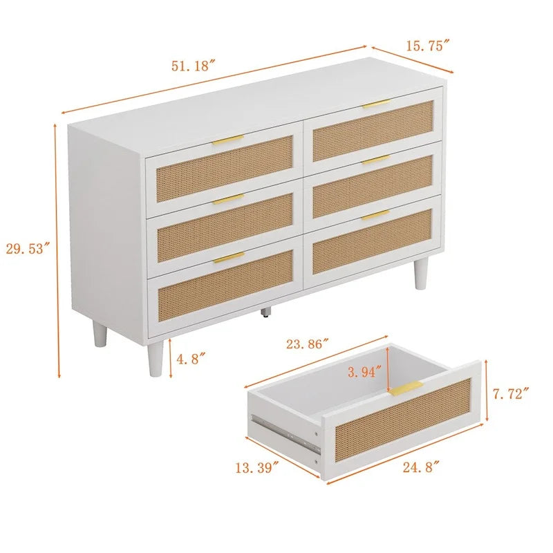 51.18 6-Drawers Rattan Storage Cabinet Rattan Drawer,for Bedroom