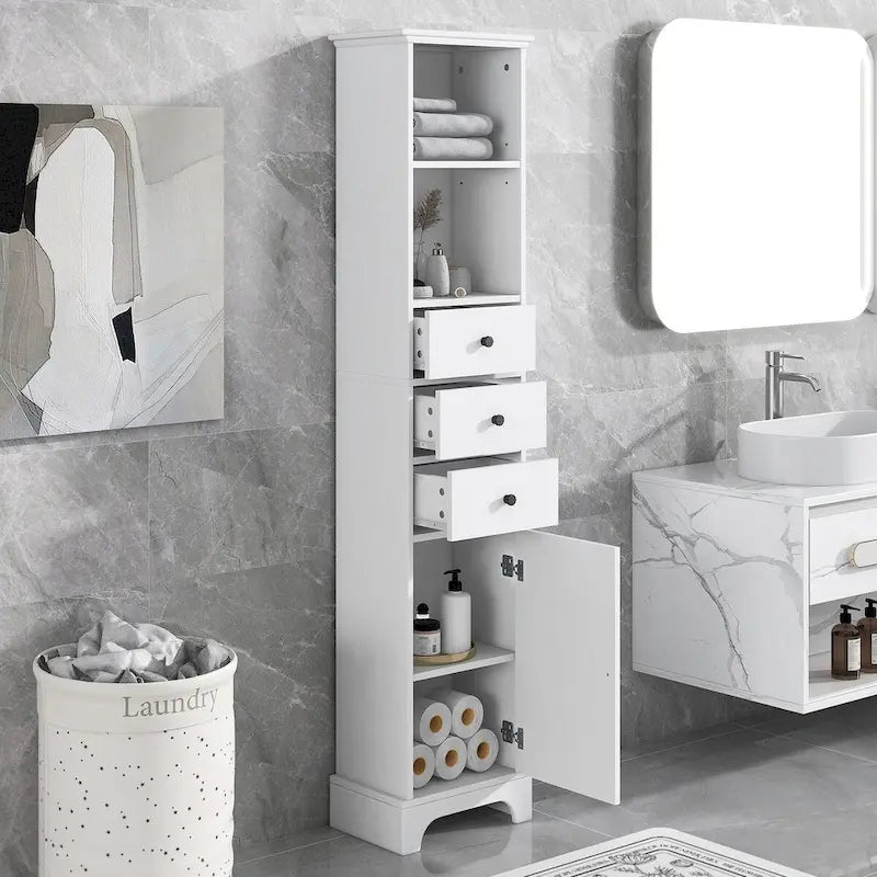 Tall Bathroom Cabinet, Freestanding Storage Cabinet with 3 Drawers and Adjustable Shelf