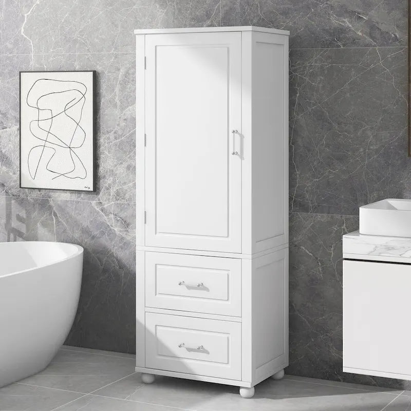 Tall Bathroom Storage Cabinet with 2 Drawers - White Freestanding
