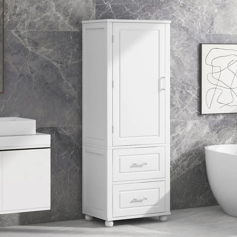 Tall Bathroom Storage Cabinet with 2 Drawers - White Freestanding