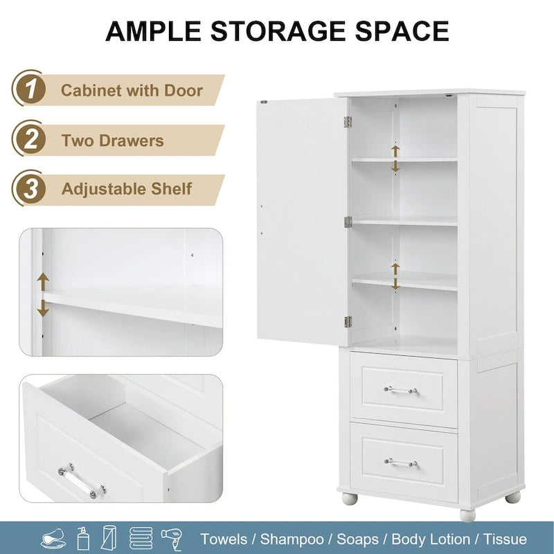 Tall Bathroom Storage Cabinet with 2 Drawers - White Freestanding