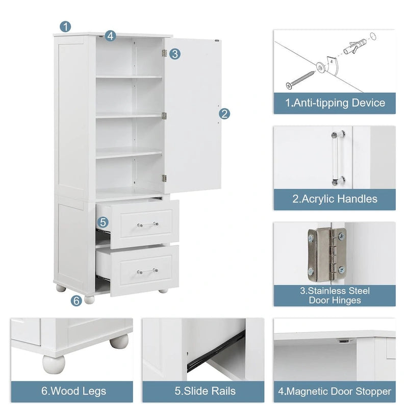 Tall Bathroom Storage Cabinet with 2 Drawers - White Freestanding