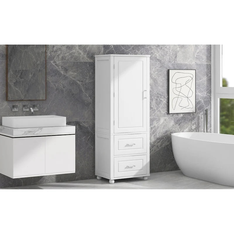 Tall Bathroom Storage Cabinet with 2 Drawers - White Freestanding