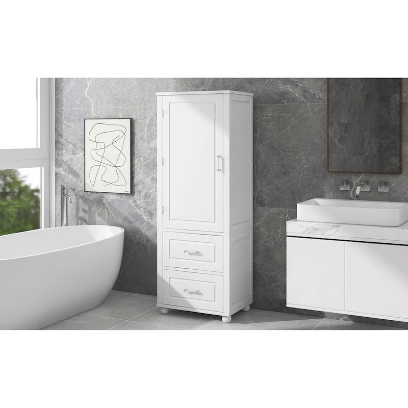Tall Bathroom Storage Cabinet with 2 Drawers - White Freestanding