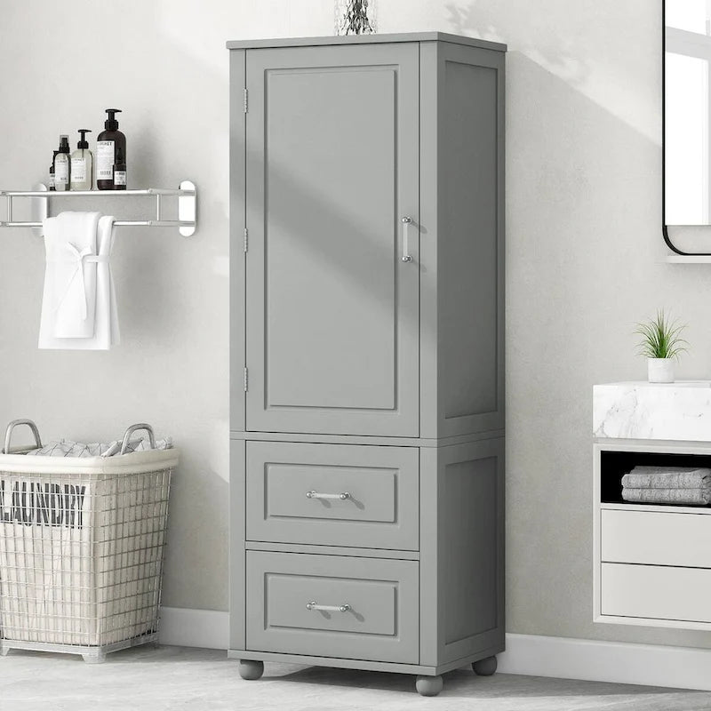 Tall Bathroom Storage Cabinet with 2 Drawers - White Freestanding