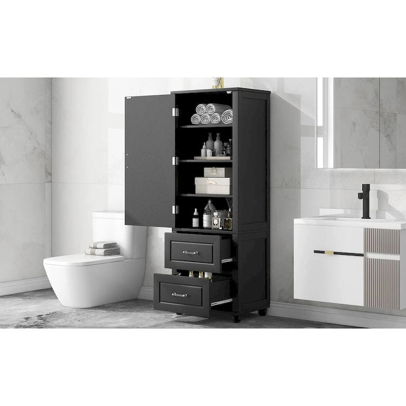 Tall Bathroom Storage Cabinet with 2 Drawers - White Freestanding