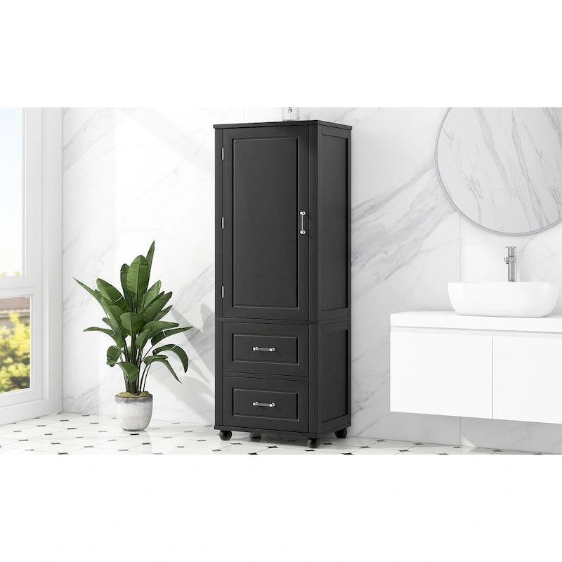 Tall Bathroom Storage Cabinet with 2 Drawers - White Freestanding