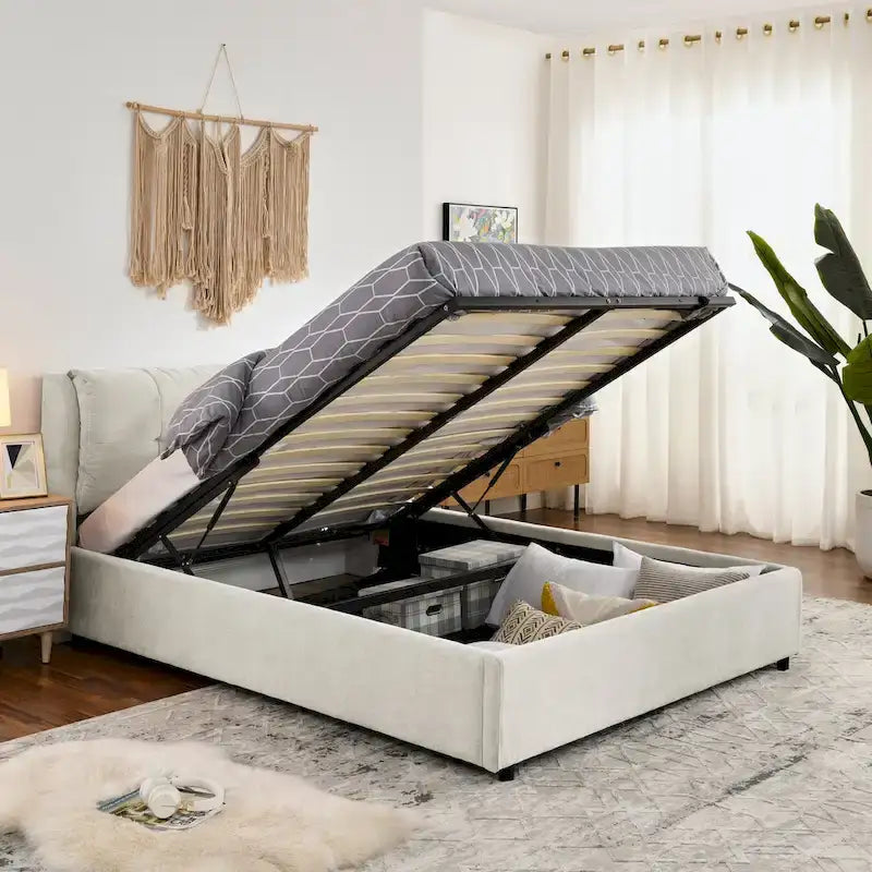Queen Size Storage Upholstered Hydraulic Platform Bed with Integrated Headboard, Chenille Fabric, Gray