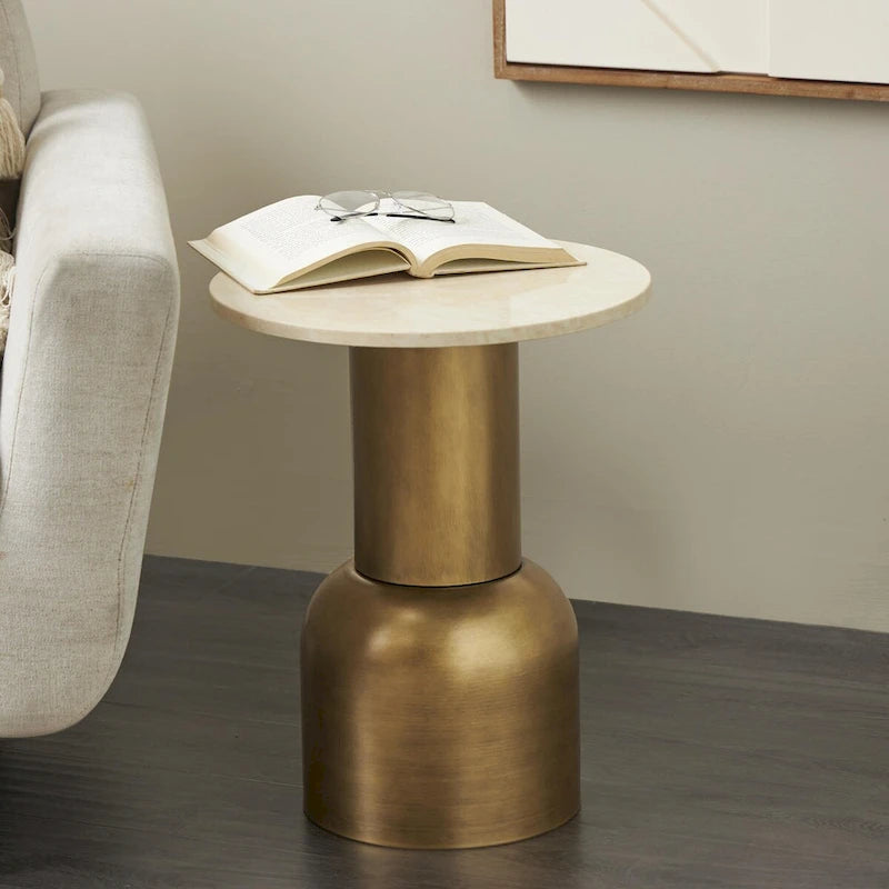 Round Pedestal Side Table with Marble Top - Gold/Cream