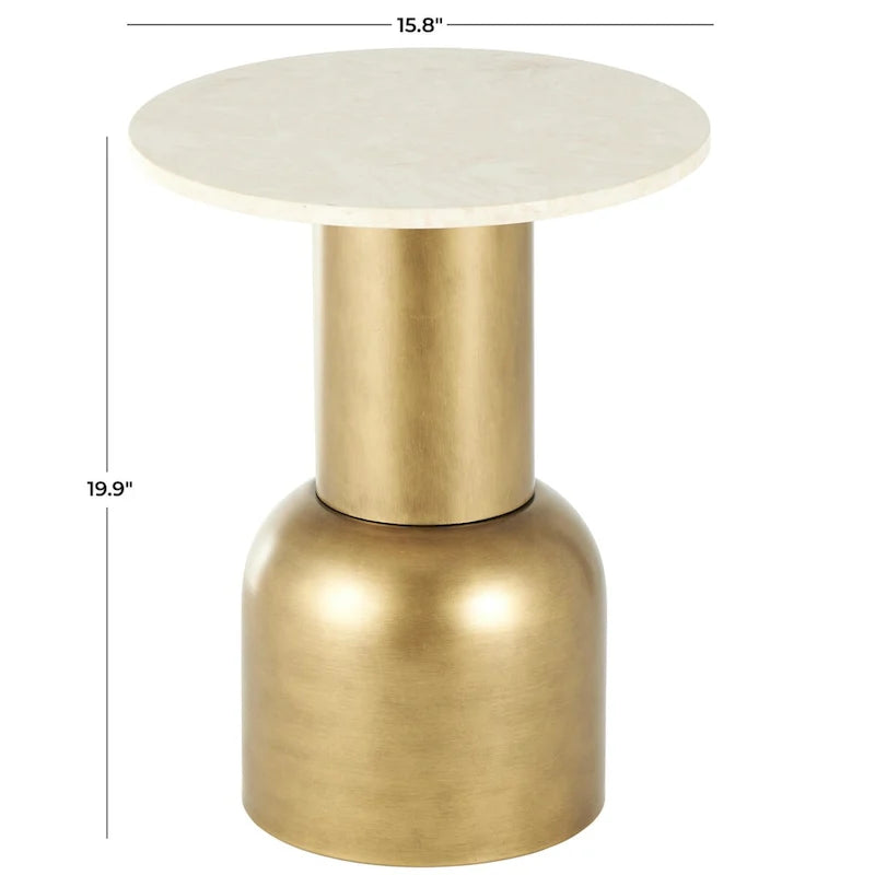 Round Pedestal Side Table with Marble Top - Gold/Cream