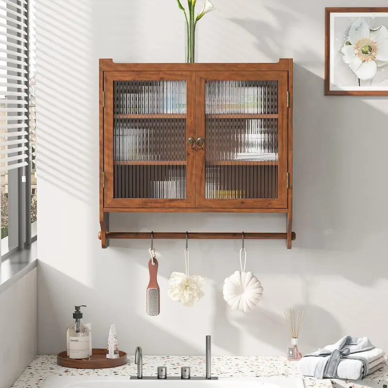 Roomfitters 24.8 Vintage Glass Door Wall Cabinet with Double Doors, Three-Tier Storage, and Towel Rack
