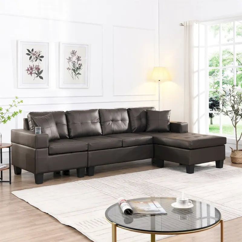 Brown L-Shape Sectional Sofa with Chaise Lounge - 4 Seat PU Leather