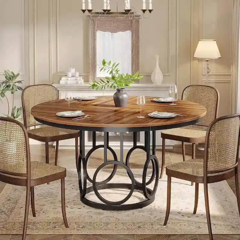 Dark Walnut and Black Metal Round Dining Table 47-inch