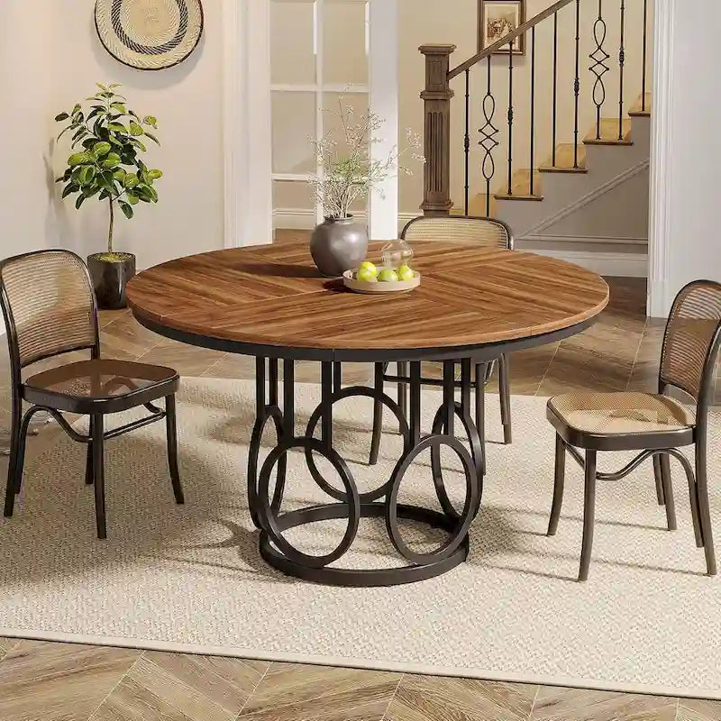 Dark Walnut and Black Metal Round Dining Table 47-inch