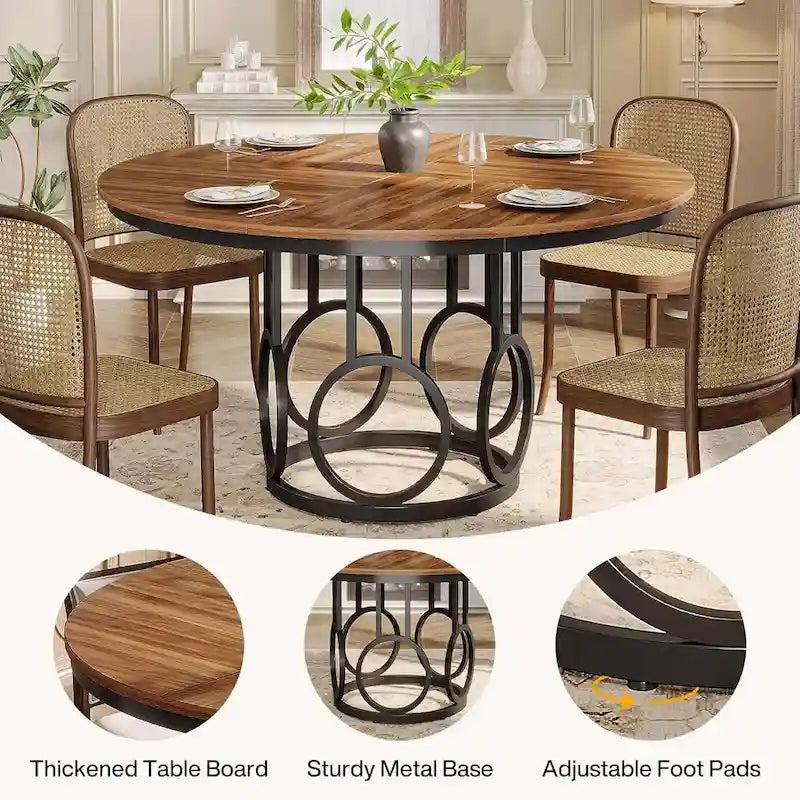 Dark Walnut and Black Metal Round Dining Table 47-inch