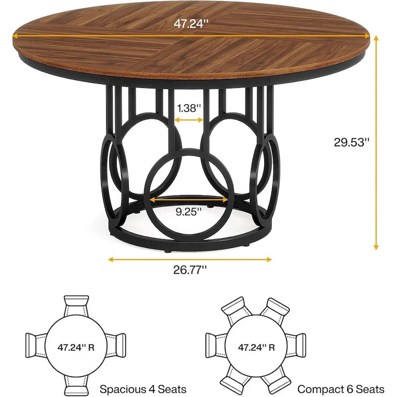 Dark Walnut and Black Metal Round Dining Table 47-inch